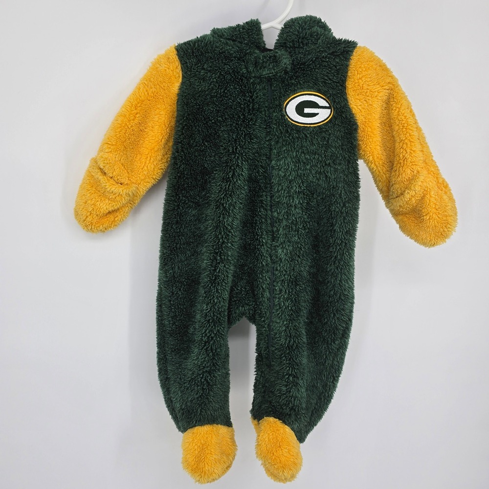 NFL Green Bay Packers Baby 0-3M Sherpa Hooded Footed Bunting Coverall Green Gold